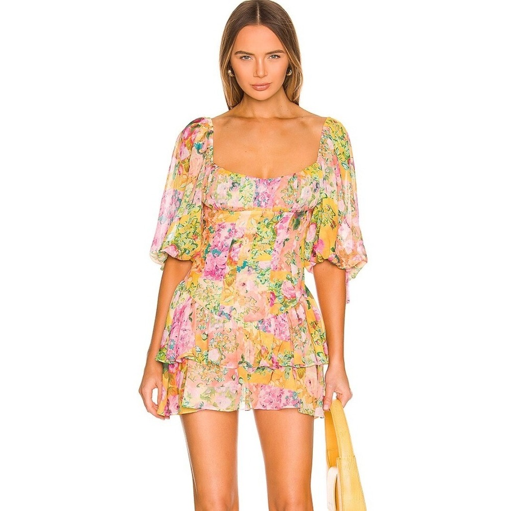 For Love & Lemons Nina Floral Mini Dress XS Pink Ruffle Puff Sleeve Garden Boho